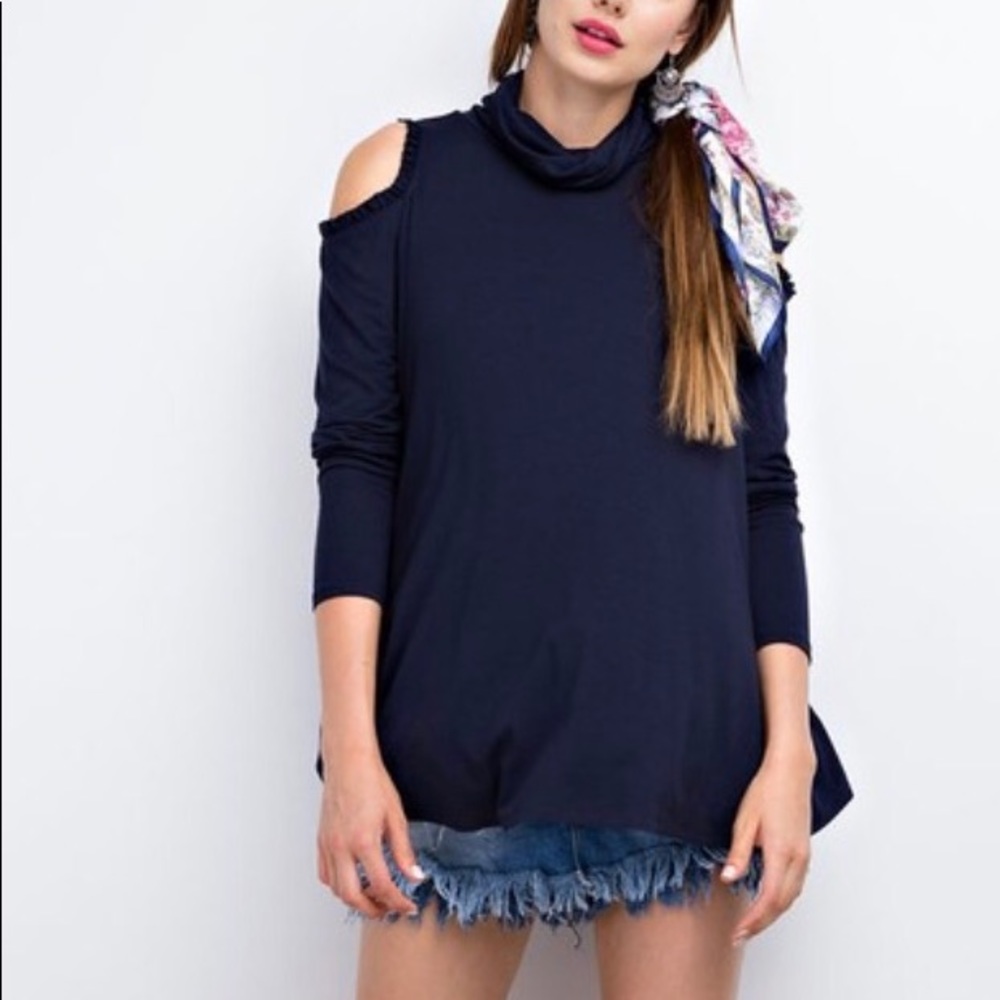 Navy turtleneck top with cold shoulder